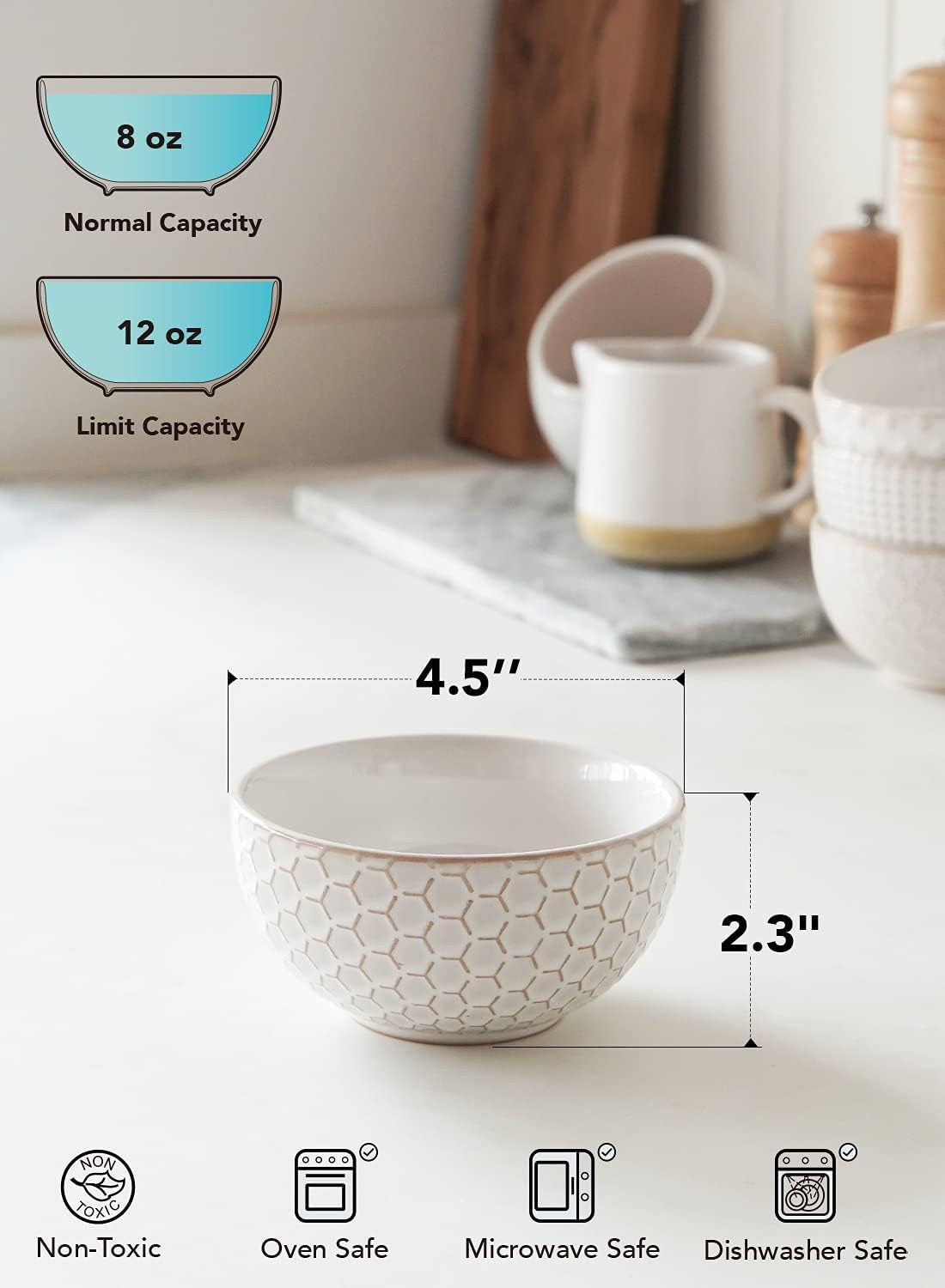 LE TAUCI Small Bowls 12 OZ, Ice Cream Bowl, Ceramic Embossment Stoneware Bowl, Bowls Set for
