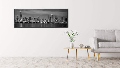 Wieco Art Framed Wall Art Chicago City Center Skyline Black and White Wall Decor Canvas Prints