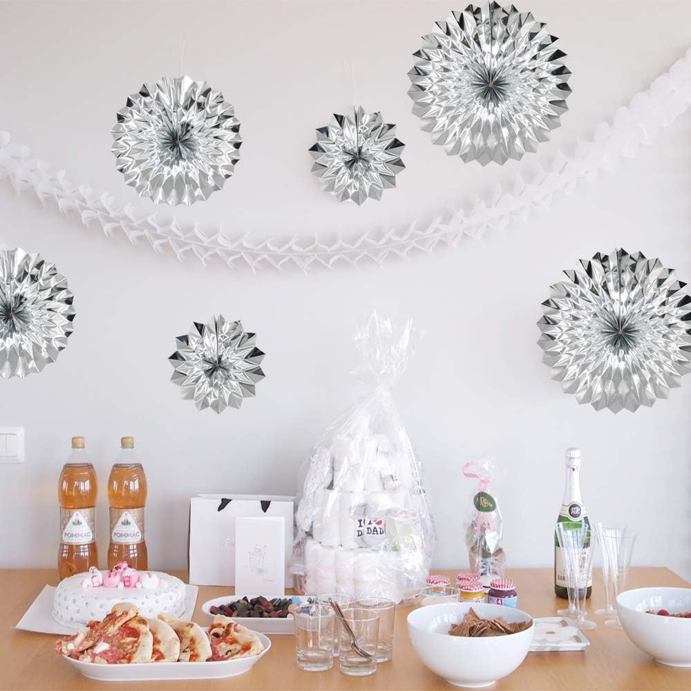 Hanging Paper Fans Party Set, Silver Round Pattern Paper Garlands Decoration for Birthday Baby