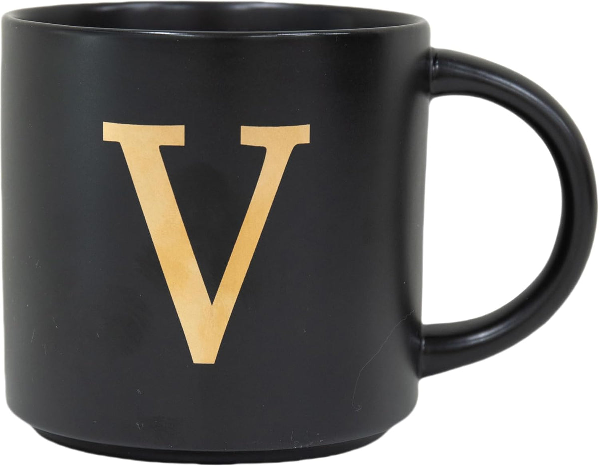 COLLECTIVE HOME - Monogram Ceramic Mugs, 15 oz Golden Initial Black Coffee Cups, Elegant Alphabet