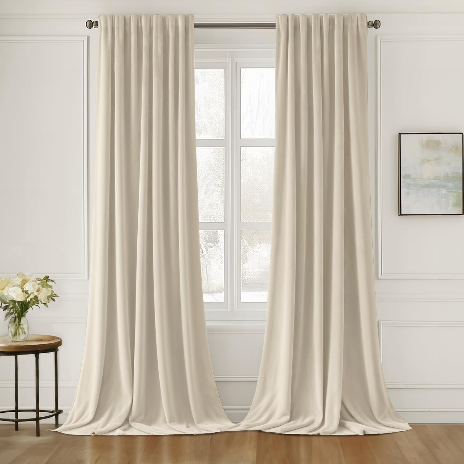 MIULEE Cream Beige Velvet Curtains 108 inches Long 2 Panels - Luxury Pinch Pleated Room Darkening