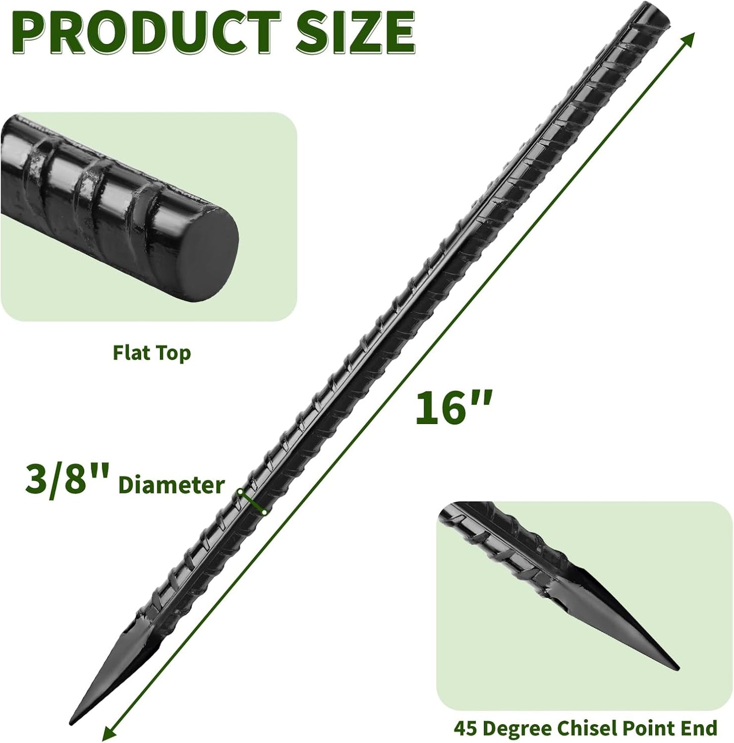 16 inches Ground Rebar Stakes (16 pcs) Heavy Duty Metal Spikes for Concrete Timber Garden Plant