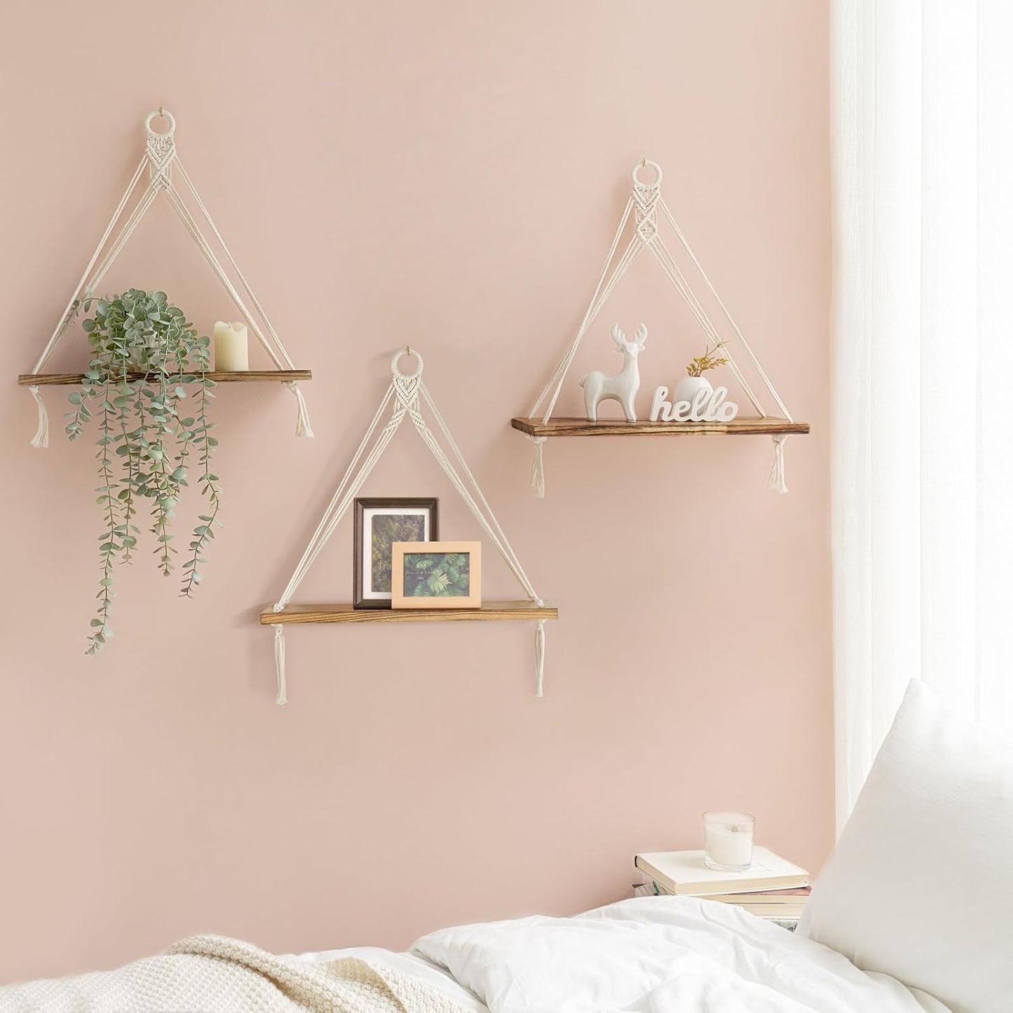 Mkono Macrame Hanging Shelves Boho Wall Decor Set of 3 Rustic Wood Floating Storage Shelf for