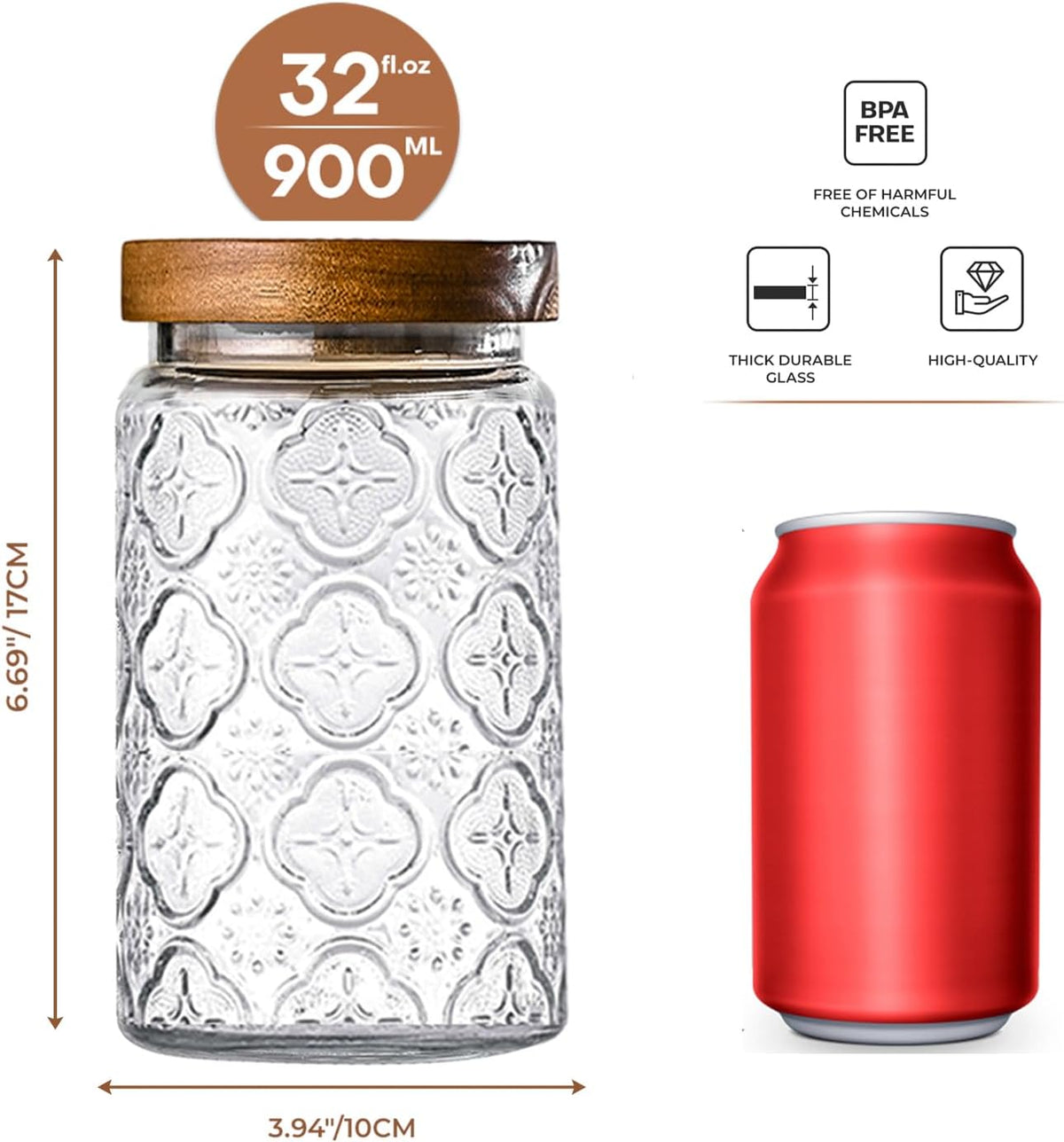 32oz Vintage Glass Jar With Lid, Glass Storage Containers, Airtight Kitchen Storage Containers For