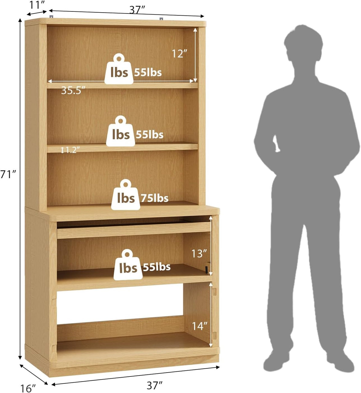 Rresyet 5 Tier Bookcase with Flip-Flop Design, 71" x 37" x 16" Wooden Book Shelf, Extra Bookshelf