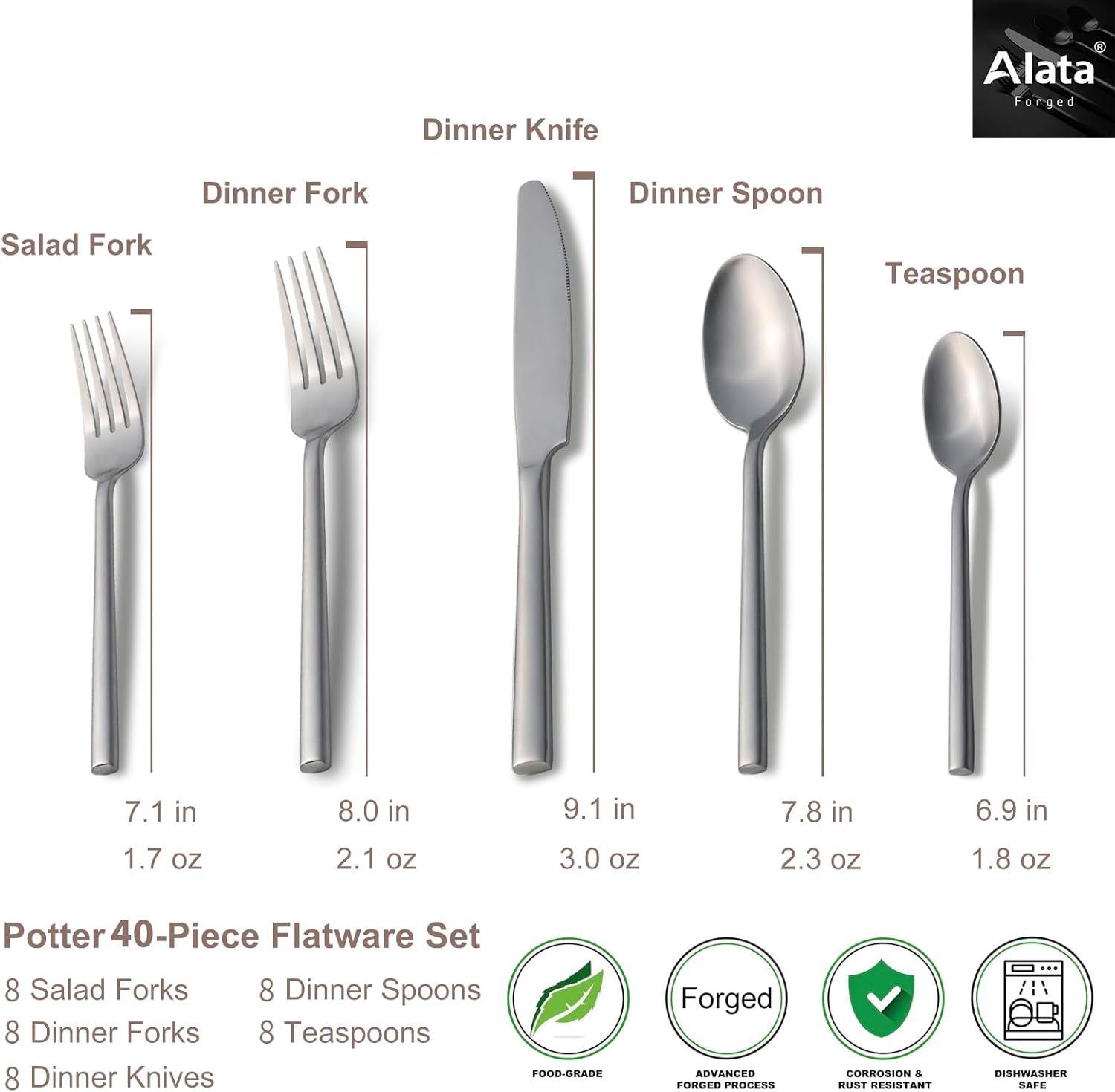 Alata Potter 40-Piece Forged Silverware Set, Service for 8 ??Premium Stainless Steel Flatware Set