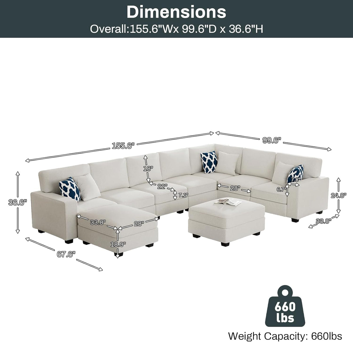 L Lengend Vansen Modular Sectional Sofa U Shaped Couch with Ottoman Modern Reversible Corner