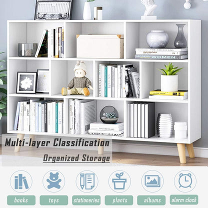 IOTXY Wooden Open Shelf Bookcase - 3-Tier Floor Standing Display Cabinet Rack with Legs, 10 Cubes