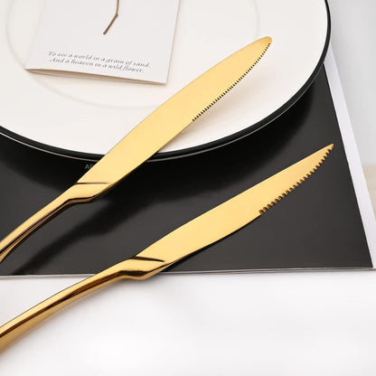 24-Piece Gold Flatware, Mirror 18/10 Stainless Steel Modern & Luxury Dinnerware Set With Serrated