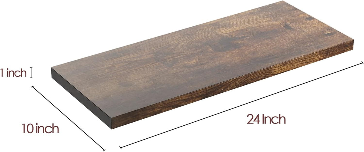 Wall Shelf Set of 2, Rustic Brown Floating Shelves 24 in W x 10 in D x 1 in H, Wooden Floating Wall
