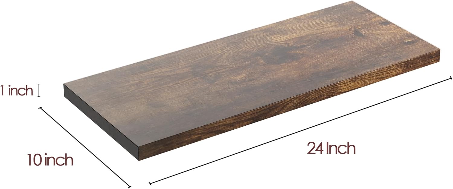 Wall Shelf Set of 2, Rustic Brown Floating Shelves 24 in W x 10 in D x 1 in H, Wooden Floating Wall