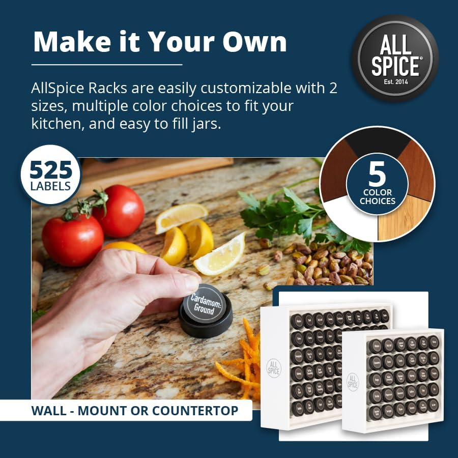AllSpice Spice Rack Organizer, Wood, 525 Unique Labels, Countertop or Wall Mount, Includes 60 4oz