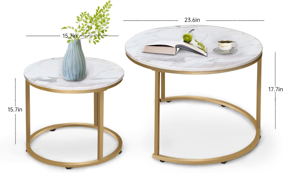 aboxoo Coffee Table Nesting White Set of 2 Side Set Golden Frame Circular Round and Marble Pattern