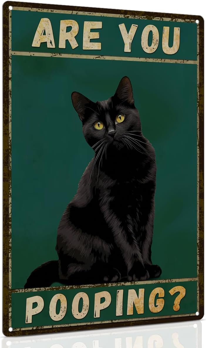 ALKB Funny Black Cat Sign Are You Pooping Metal Signs Black Cat Gift Vintage Bathroom Wall Decor 8
