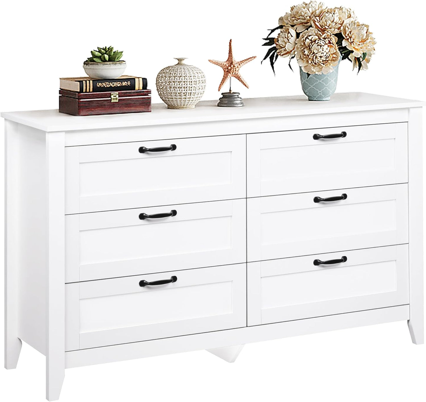 WLIVE White Dresser for Bedroom, 6 Drawer Wood Dresser with Metal Handle, Large Double Wooden Chest