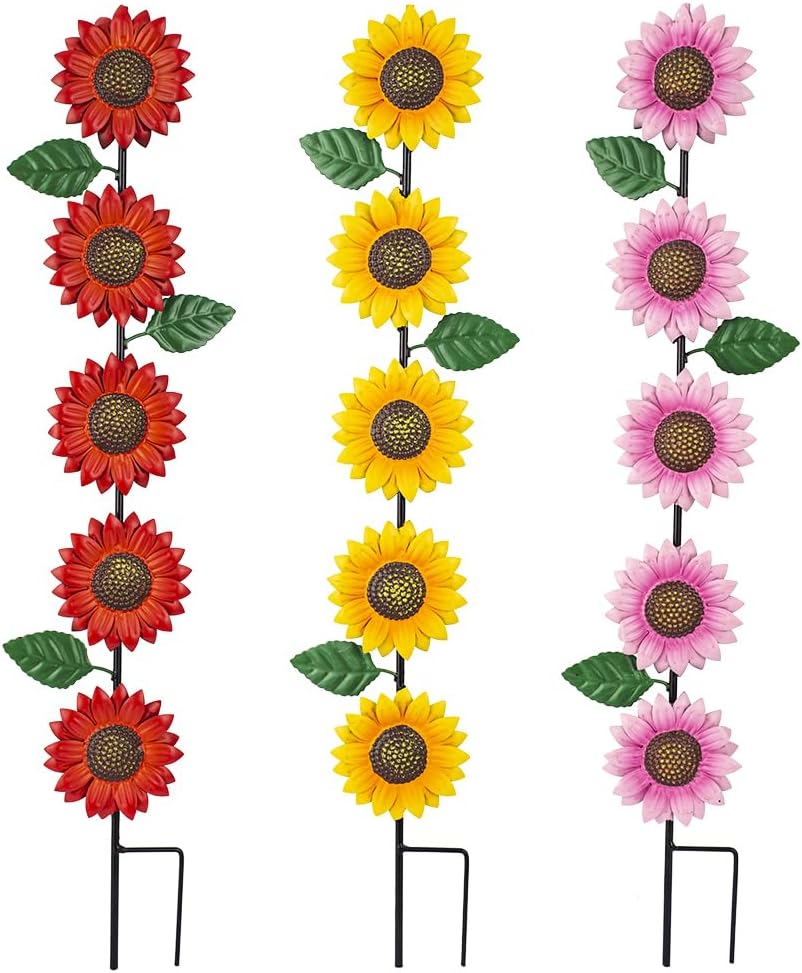 3 Pack Sunflowers Garden Stakes Decor,Metal Yard Art Decorative Garden Stakes,Metal Flowers Spring