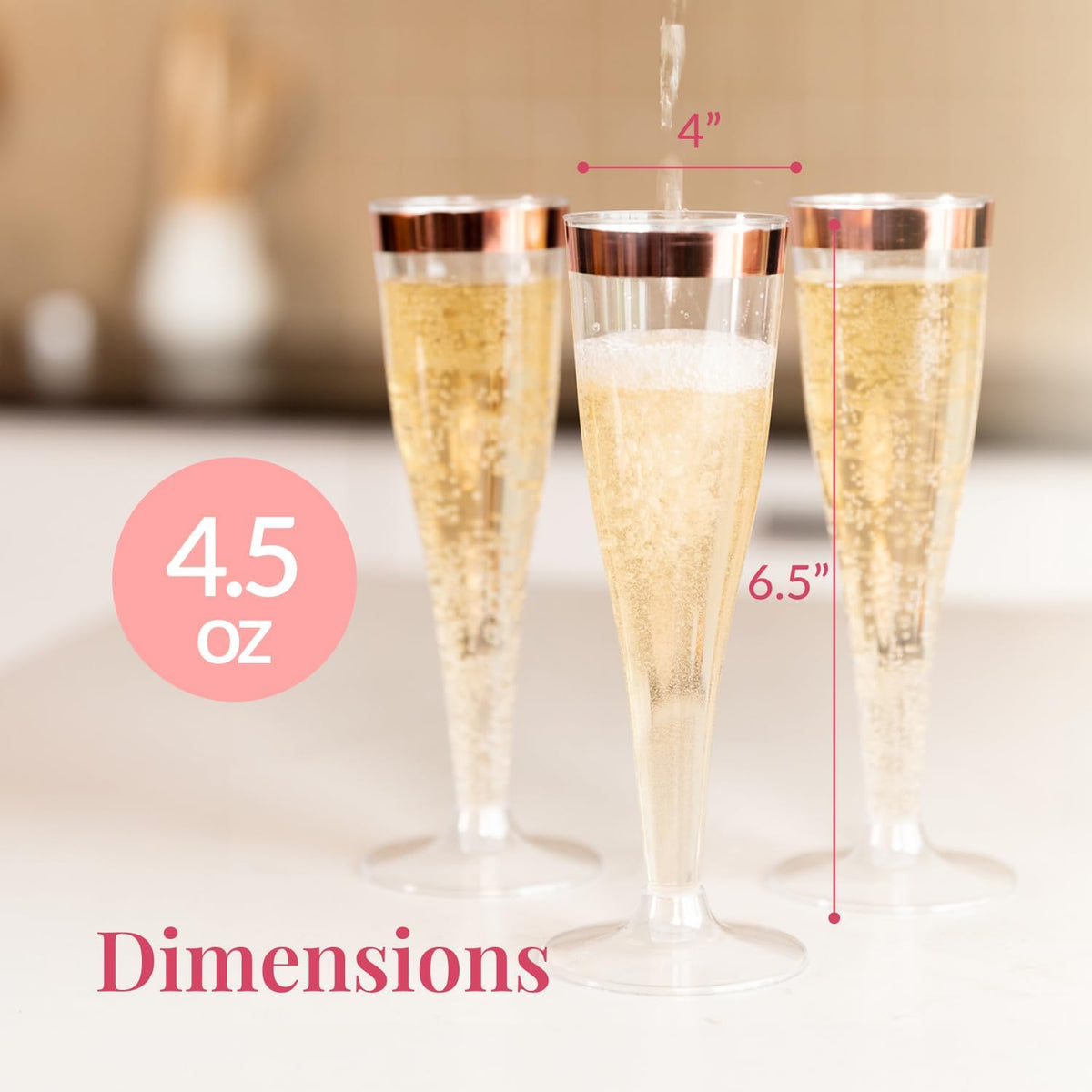 Prestee Set of 24 Plastic Champagne Flutes with Rose Gold Rim - 4.5 oz - Shatterproof Disposable