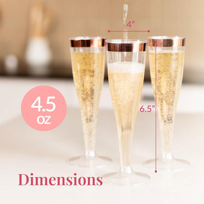 Prestee Set of 24 Plastic Champagne Flutes with Rose Gold Rim - 4.5 oz - Shatterproof Disposable