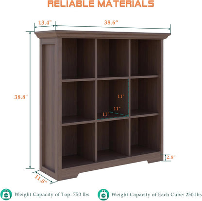 Cube Shelf Bookcase with Base - Wooden 3 Tiers Floor Standing Low Storage Cabinet for Home and