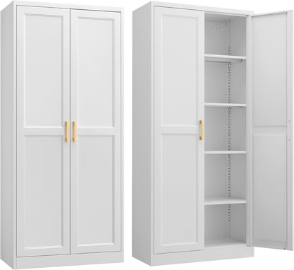 Kitchen Pantry Cabinet,71”White Metal Pantry Storage Cabinet with Doors and 4 Adjustable