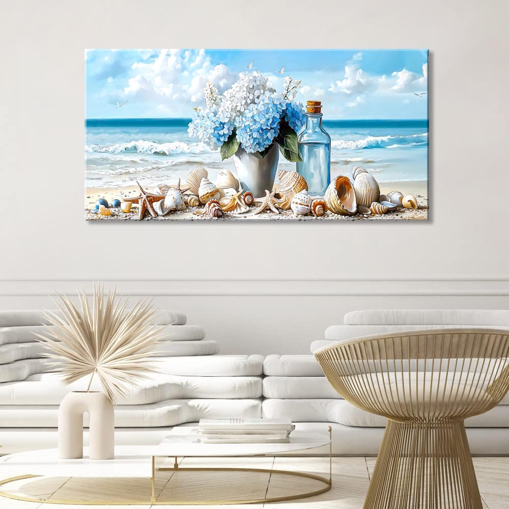 LASMOND Romantic Beach Wall Art for Living Room Blue Shells Conch Vase Canvas Prints Modern Large