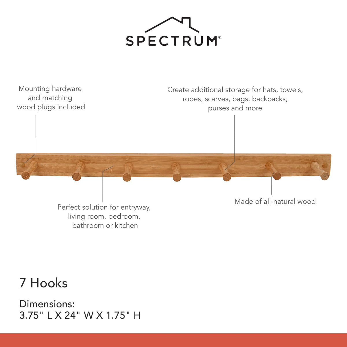 Spectrum 7 Peg Wall Mount Peg Rack Wooden Storage Organizer for Coats Hats Purses Towels, Includes