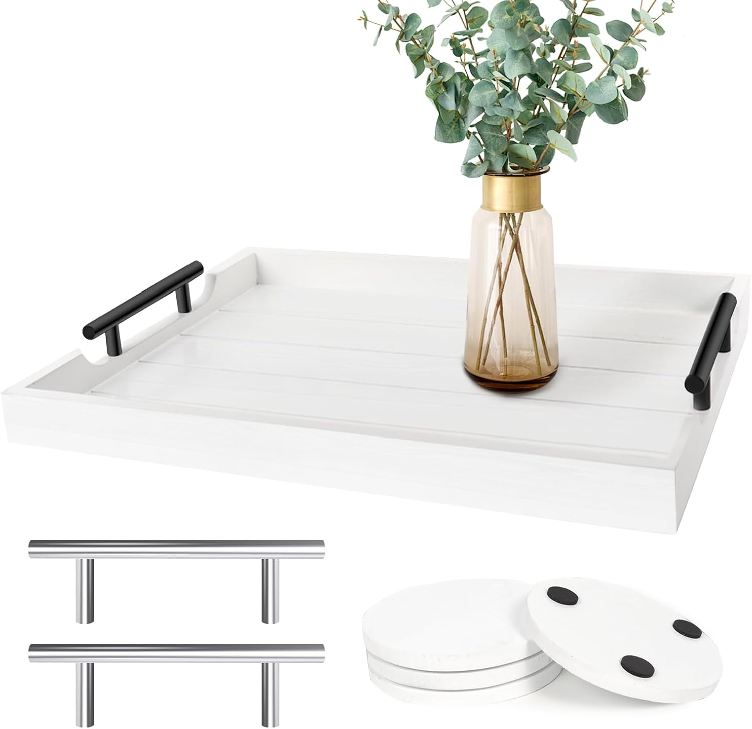 Coffee Table Tray - Large Ottoman Tray for Living Room - Wood Serving Tray with Handles(2 Sets)