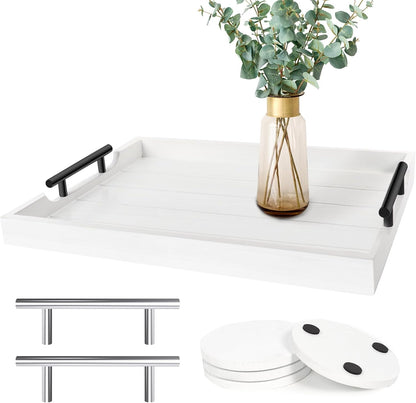 Coffee Table Tray - Large Ottoman Tray for Living Room - Wood Serving Tray with Handles(2 Sets)