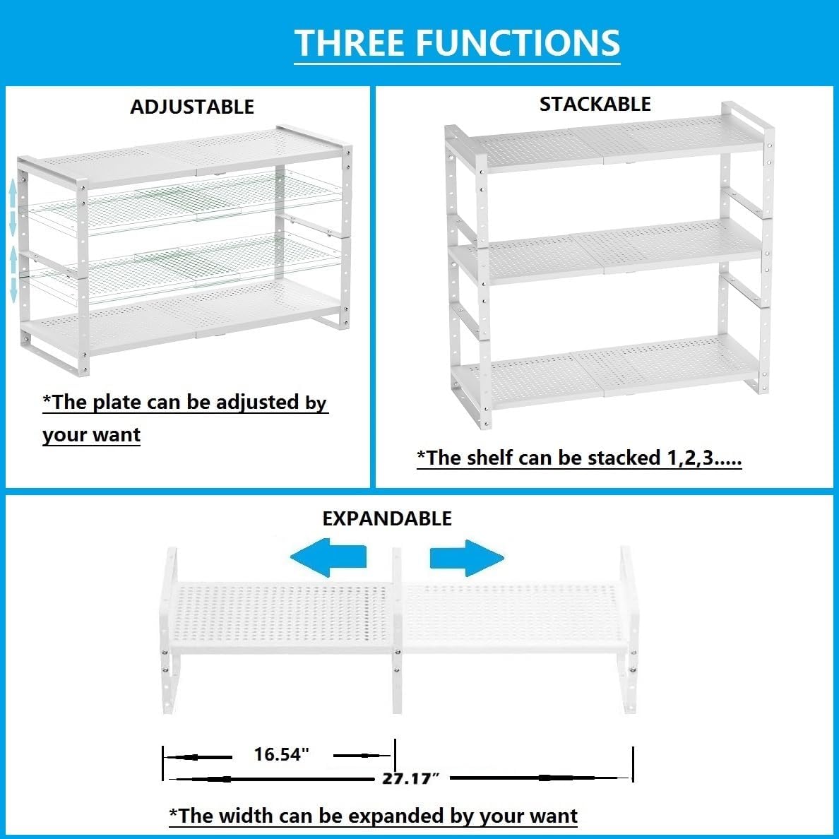 Expandable,Adjustable & Stackable Spice Rack, Cabinet Kitchen Countertop Shelf Organizer,Metal