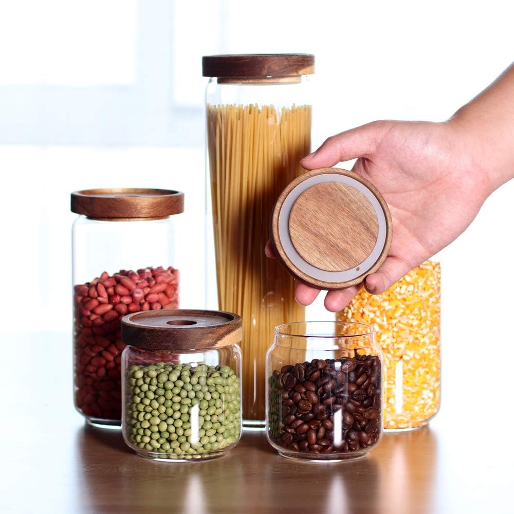 Glass Canisters Set of 5 for the kitchen, Glass Storage Container jars with Airtight Acacia Lid for