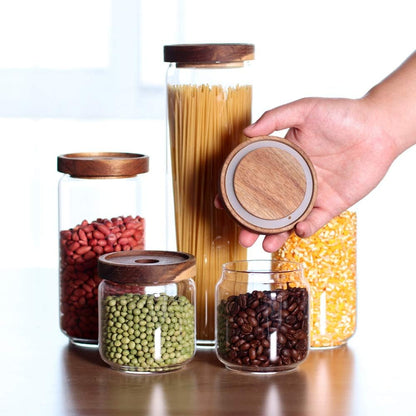 Glass Canisters Set of 5 for the kitchen, Glass Storage Container jars with Airtight Acacia Lid for