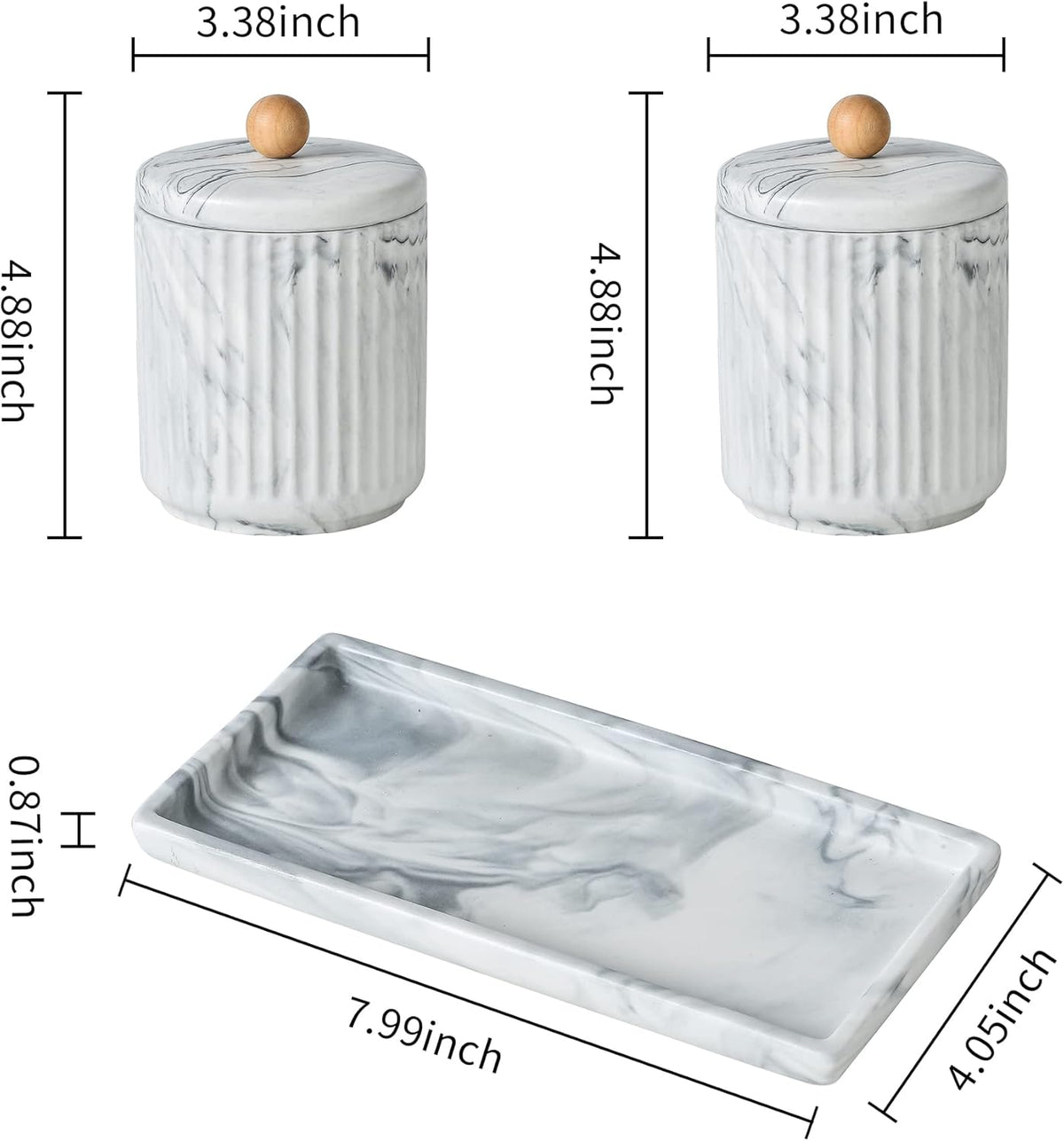 Marble Small Bathroom Jar Set ，Ceramic Cotton Swabs Holder with Lid and Dresser Organizer Set Tray