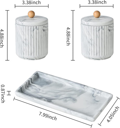 Marble Small Bathroom Jar Set ，Ceramic Cotton Swabs Holder with Lid and Dresser Organizer Set Tray
