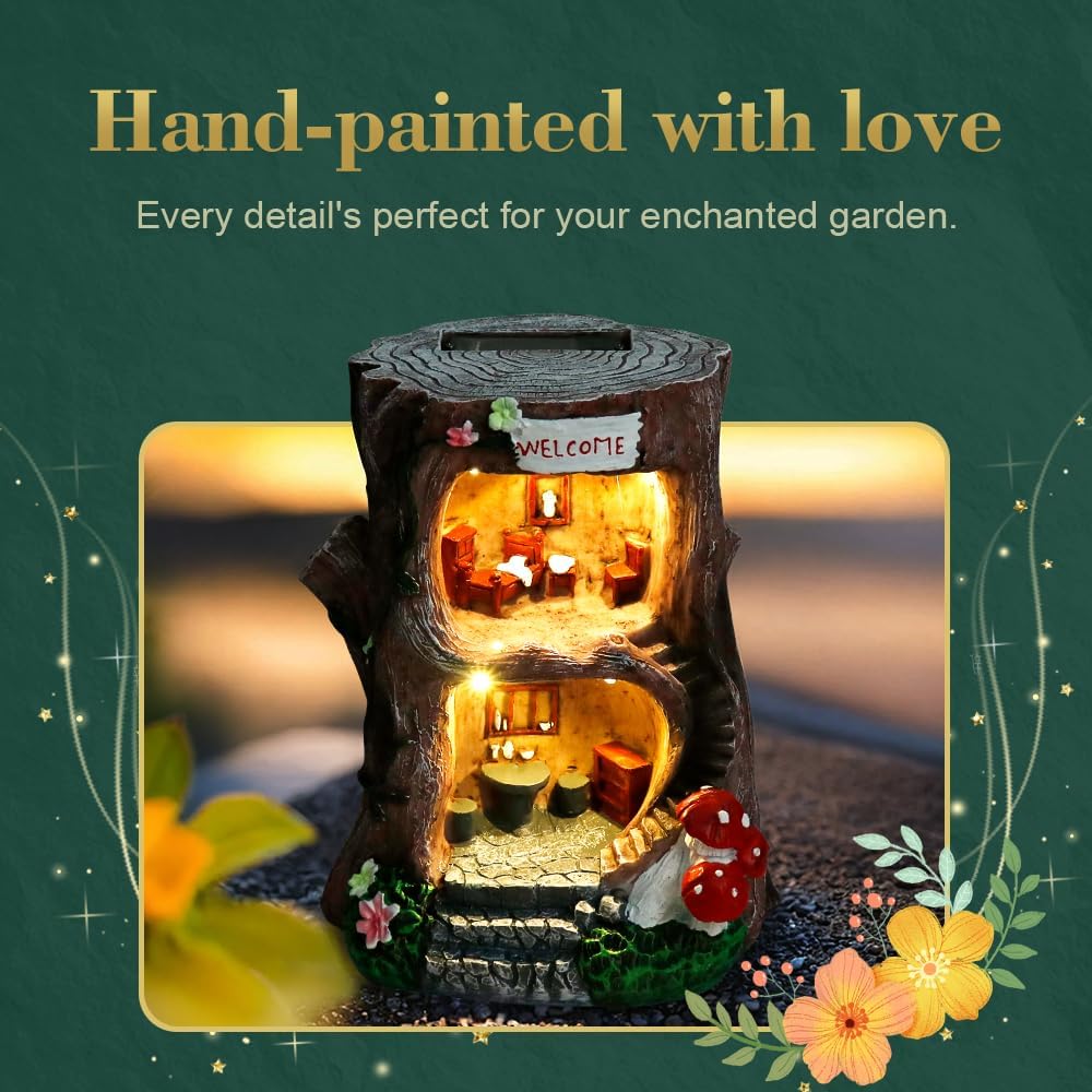 Solar Light Gnome Fairy Garden House for Outside, Big Size Fairy Miniature Buildings Accessories