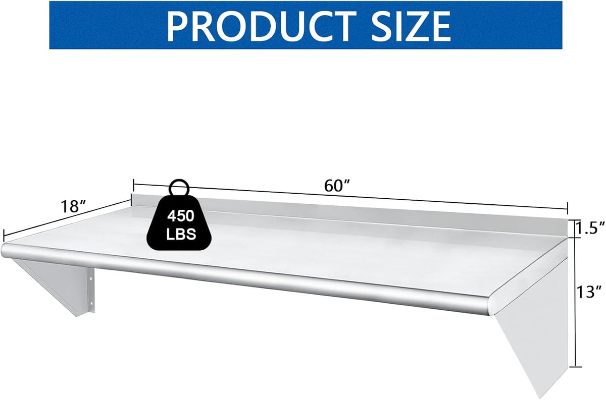 HARDURA Stainless Steel Shelf 18" x 60", 450lb Commercial Shelves Wall Mount Metal Shelving with