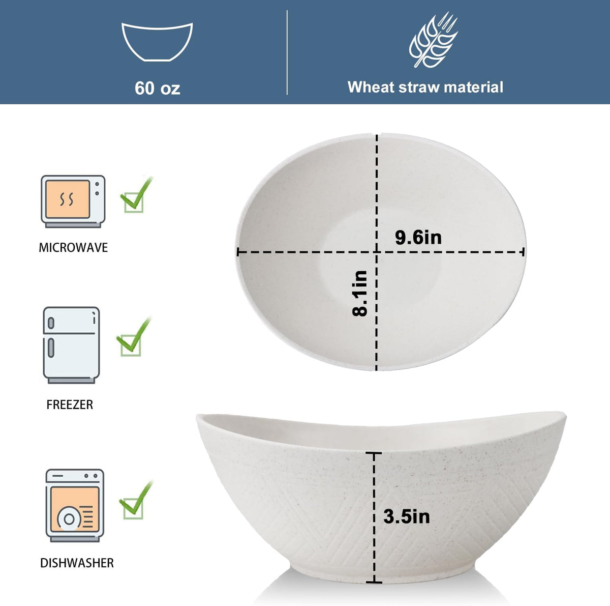 65oz Large Salad Bowls Ivory - Wheat Straw Salad bowls Set of 4 - Unbreakable Salad Bowls Dishware