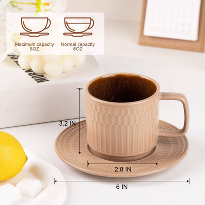 Large Cappuccino Cups with Saucers Set of 4, 8 Ounce Stackable Embossed Ceramic Coffee Mugs for