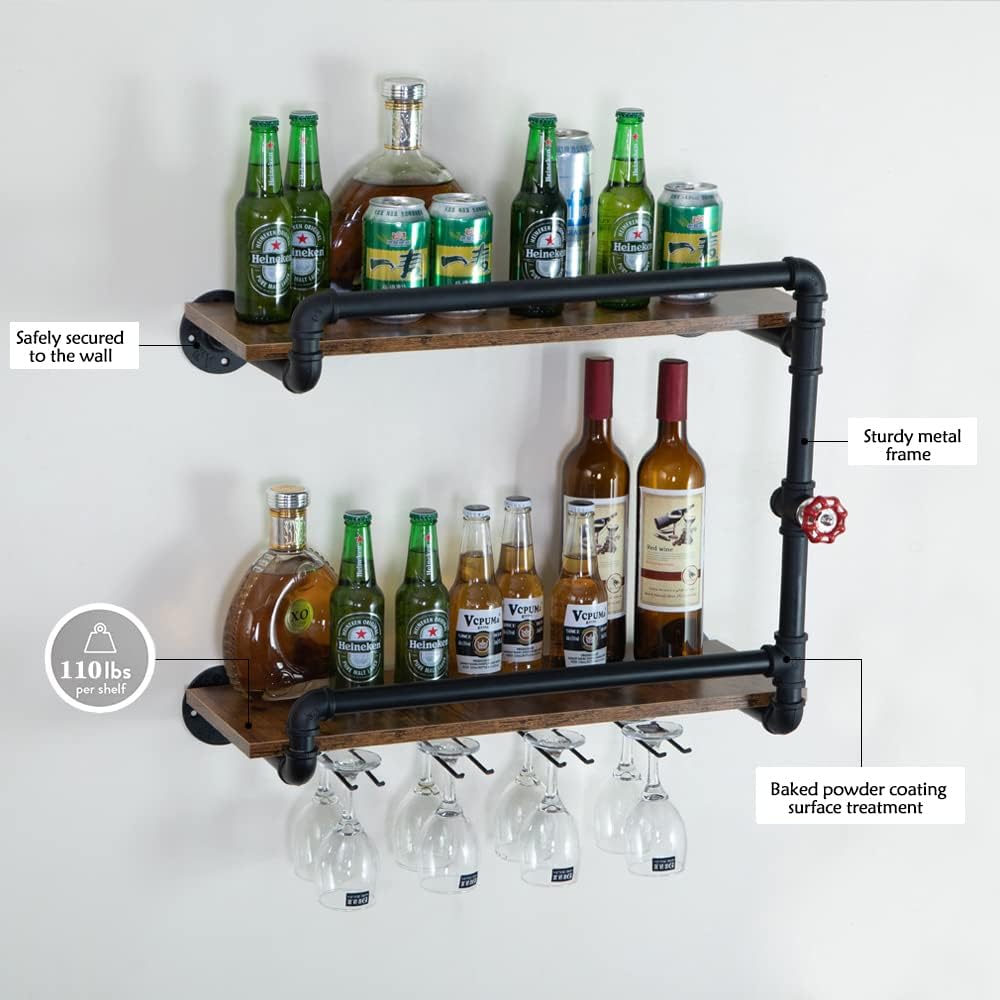 Wine Rack Wall Mounted 2 Tier, Hanging Floating Small Mini Bar Liquor Shelves with Glass Holder
