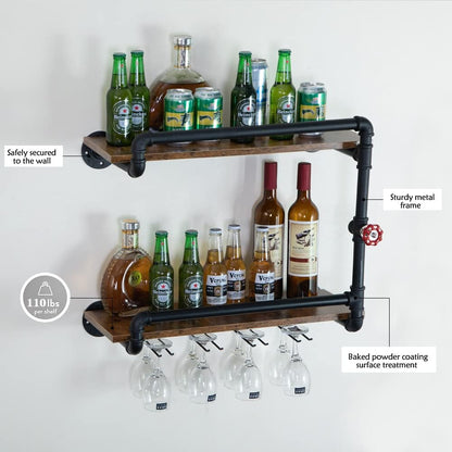 Wine Rack Wall Mounted 2 Tier, Hanging Floating Small Mini Bar Liquor Shelves with Glass Holder