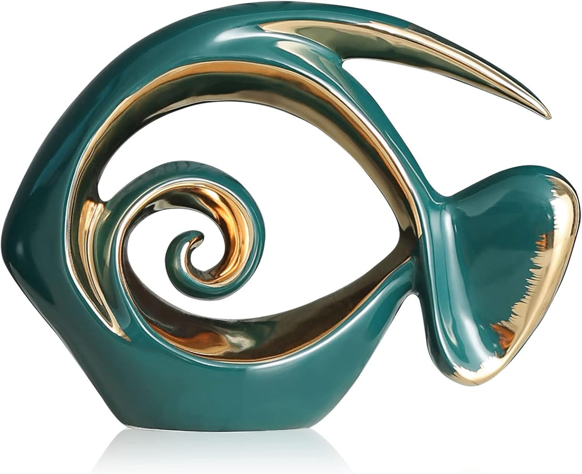 Green Gold Ceramic Fish Figurines - Coastal Home Decor, Modern Ocean Centerpieces for Living Room