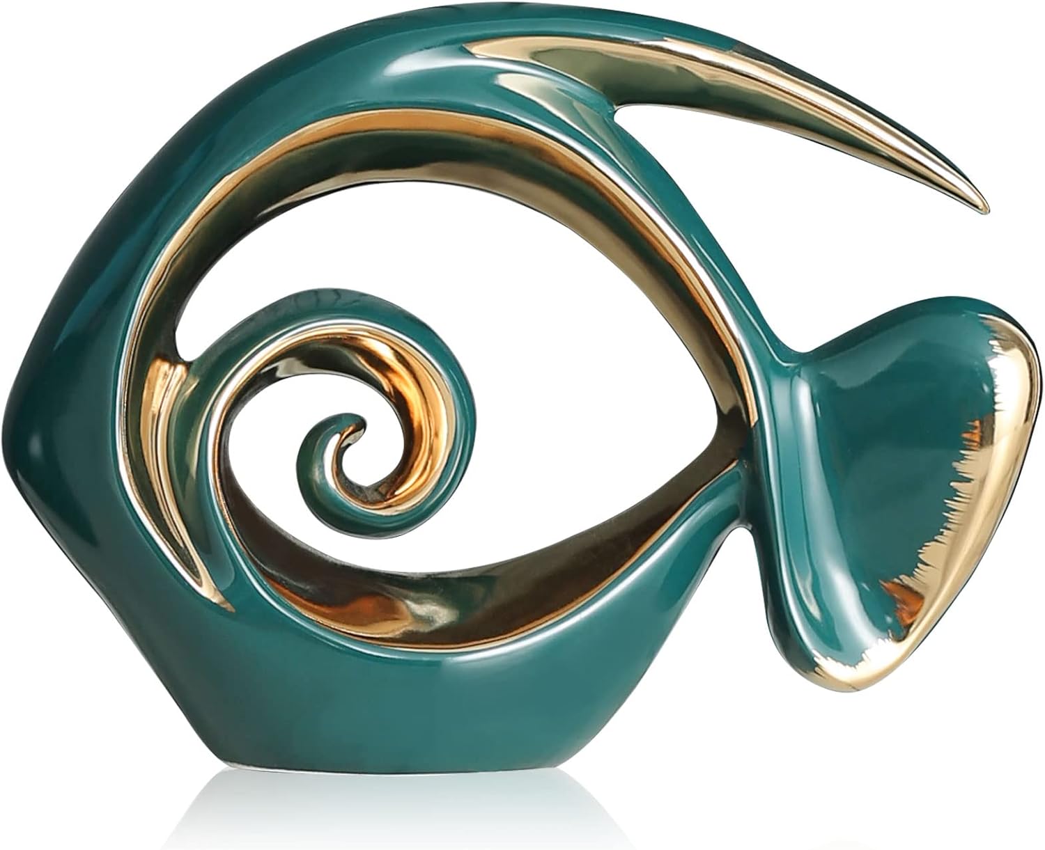 Green Gold Ceramic Fish Figurines - Coastal Home Decor, Modern Ocean Centerpieces for Living Room