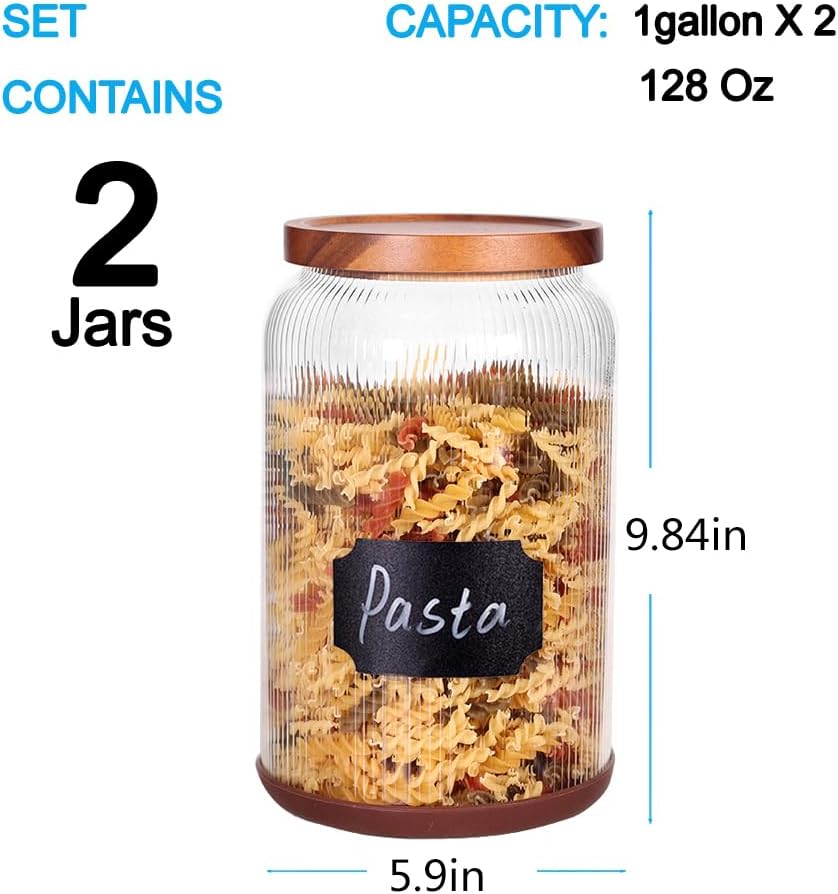 SAIOOL 2-Pack Striped Borosilicate Glass Airtight Canisters - Big mouth Large Capacity, Acacia Wood