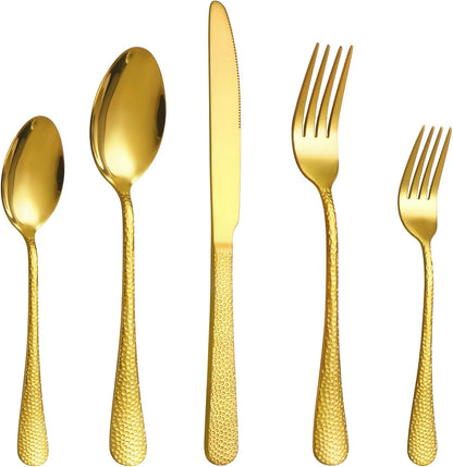 40 Pcs Gold Silverware Set for 8 with Hammered Design, Food Grade Stainless Steel Flatware Set