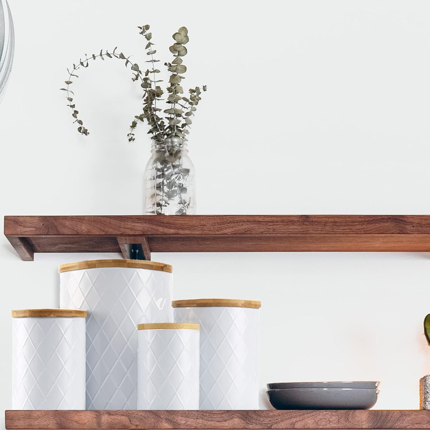 White Kitchen Canisters Set with Bamboo Lids, Airtight Sugar, Flour, Coffee, Cookie Storage