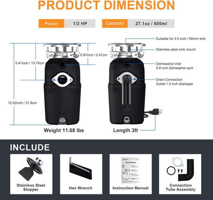 A400 Garbage Disposal 1/2 HP for Kitchen Sink, Small Fit Food Waste Disposer Fast Continuous Feed