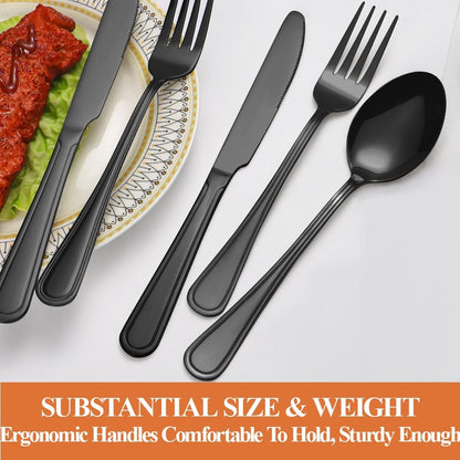 40 Pcs Black Silverware Set for 8 with Simple Striped Handle Design, Food Grade Stainless Steel