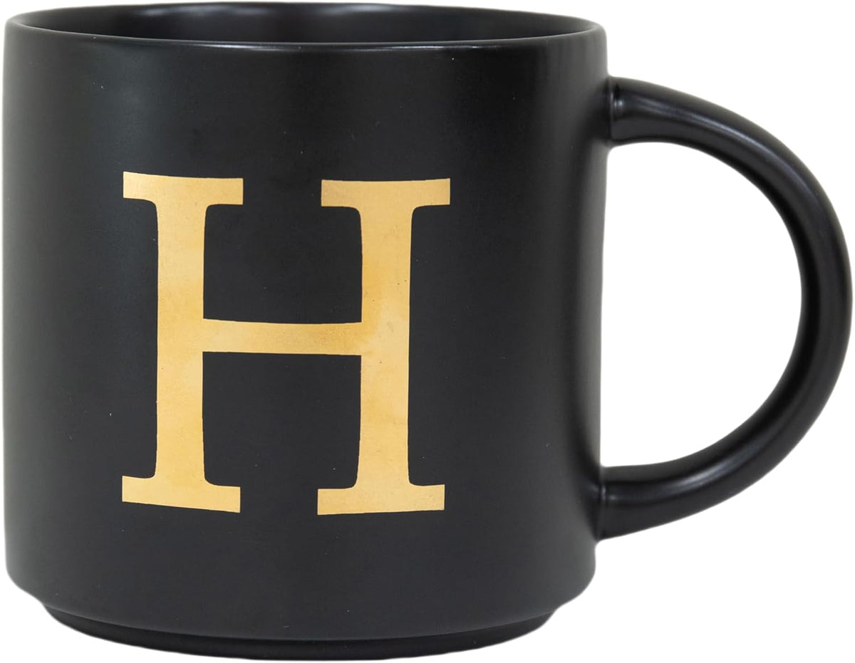 COLLECTIVE HOME - Monogram Ceramic Mugs, 15 oz Golden Initial Black Coffee Cups, Elegant Alphabet