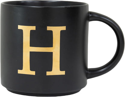 COLLECTIVE HOME - Monogram Ceramic Mugs, 15 oz Golden Initial Black Coffee Cups, Elegant Alphabet