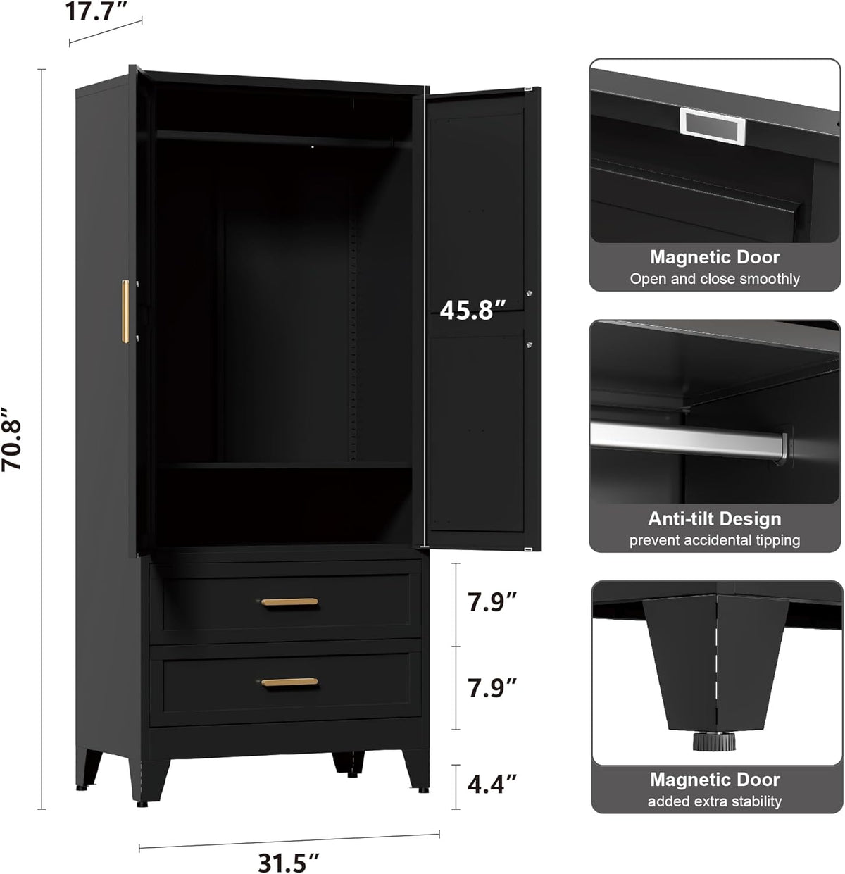 71'' Farmhouse Metal Wardrobe Cabinet with Hanging Rod, 2 Barn Door Wardrobe Closet with Adjustable