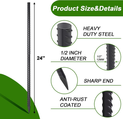 AAGUT Rebar Stakes 24 Inch 10 Pcs Landscape Timber Spikes 1/2", Heavy Duty Straight Garden Plant